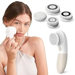 Vanity Planet Raedia Facial Cleansing Brush - Electric Facial Cleansing Brush with 4 Exfoliating Brush Heads - Waterproof, Handheld, Lightweight for Face Scrubber and Exfoliating Face - Warm Grey | Facial Cleansing Brush with 4 Exfoliating Brush Heads - Waterproof, Handheld, Lightweight for Face Scrubber and Exfoliating
