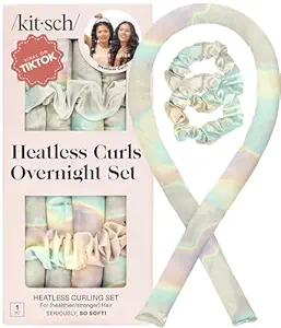 Kitsch Satin Heatless Curls Overnight Set - Aura | No Heat Damage Overnight Curls | Comfortable Frizz Free Hair Curlers To Sleep In with 34" Hair Waver & 2 Satin Scrunchies