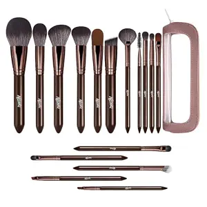 16PCS Makeup Brush Set with Clear Travel Pouch（Coffee） | Premium Synthetic Face Eye Brush Set, Wood Handle for Foundation Concealer Blush Contour Eyeshadow Eyebrow