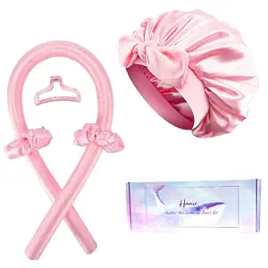 No Heat Overnight Curls with Double Layer Satin Bonnet - Soft Hair Curlers to Sleep In, heatless Curling Rods Set + Silk Bonnet for Women & Girls Long Hair, Heatless Waves & Volume (Pink)