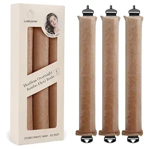 Luckybear Heatless Curls Overnight, Jumbo Curling Flexi Rods, 3Pcs Khaki | Satin Hair Curlers to Sleep In for Women, No Heat Styling Tool for Long Thick Fine Hair, Soft Bouncy Curls and Loose Waves