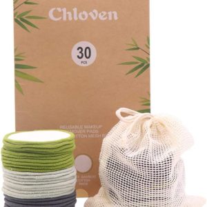 Chloven 30 Pack Reusable Makeup Remover Pads Bamboo Cotton Rounds for Toner | Washable Makeup Remover Pads, Eco-Friendly Reusable Face Pads for All Skin Types with Cotton Bag for Storage