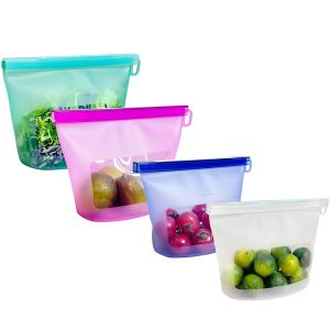 Reusable Silicone Food Storage Bags (Set of 4), Dishwasher Oven Microwave Freezer Safe, Eco-Friendly 100% Platinum, Leakproof Sous Vide Bags, Premium Lunch Containers, 2 Snack 2 Sandwich, Mixed