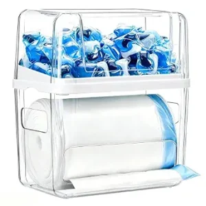 Trash Bag Dispenser with Laundry Pod Storage, Clear Under Sink Organizer | 3-in-1 Stackable Cabinet Bin, Laundry Pod Storage, Trash Bag Dispenser Fits 13/30/33/42 Gallon Garbage Bags