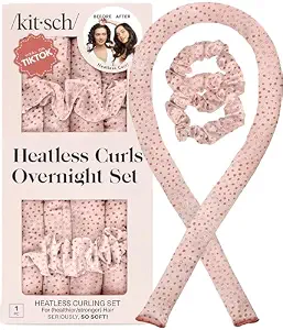 Kitsch Satin Heatless Curls Overnight Set - Micro Dot | No Heat Damage Overnight Curls | Comfortable Frizz Free Hair Curlers To Sleep In with 34" Hair Waver & 2 Satin Scrunchies