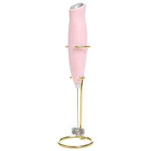 Paris Hilton Electric Handheld Milk Frother with Double Coil Head Whisk and Gold Metal Stand, Battery Powered (2 AA Batteries Required but Not Included), Pink