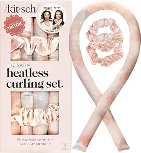 Kitsch Satin Heatless Curls Overnight Set - Sunset Tie Dye | No Heat Damage Overnight Curls | Comfortable Frizz Free Hair Curlers To Sleep In with 34" Hair Waver & 2 Satin Scrunchies