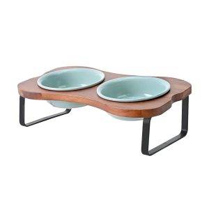 SPUNKYJUNKY Ceramic Elevated Tilted Dog Bowls Bone-Shaped Raised with 2 Height Iron Stand, 5.9'' Dog and Cat Food Water Bowls Set Non-Slip for Small Sized Breed - 13.5 OZ,Light Green