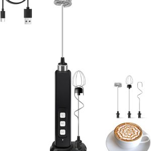 Rechargeable Milk Frother Handheld with 3 Detachable Stainless Whisks, 3 Speed Adjustable Drink Mixer, Mini Frother Wand for Coffee, Matcha, Protein Shakes, with Charging Base and Whisk Storage