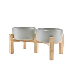 SPUNKYJUNKY Elevated Dog Bowls Ceramic, 6.1'' Dogs and Cat Food Water Bowls Raised with Non-Slip Bamboo Stand for Medium Sized Breed Microwave Dishwasher Safe - 28.7 OZ,Grey