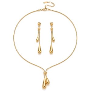 Stainless Steel Teardrop Jewelry Set for Women | Gold Plated Teardrop Jewelry Set for Women,Tarnish Dainty Lariat Necklace,Drop Earrings,Bridal Gift for Wedding Valentine
