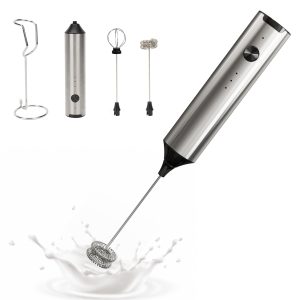 Milk Frother Handheld, Electric Milk Foamer with 2 Whisks & 3 Speeds, USB-C Rechargeable Stainless Steel Drink Mixer, Mini Egg Beater for Latte Cappuccino Matcha Hot Chocolate Protein Shake, Silver