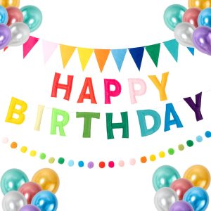 Rainbow Happy Birthday Decorations Set, Pre-Strung 3D Felt Birthday Banner | Reusable Colorful Party Supplies with Pom Pom Garland, Triangle Pennants & 30 Metallic Balloons for Kids Girls Boys Adults