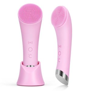 PRITECH Facial Cleansing Brush, Rechargeable Silicone Face Scrubber with Heat Massage End, Vibrating Exfoliator Scrubber for Deep Cleaning, Waterproof Face Brush for Women and Men (Pink)