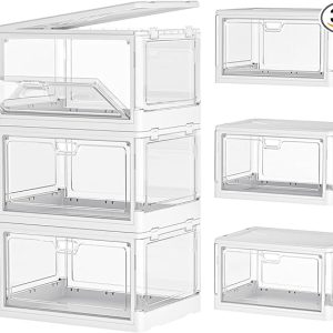 Kmiectse Clear Storage Bins with Lids 3 Pack 【Stackable & Sturdy】 | Plastic Multifunctional Folding Storage Bins for Bedroom, Living Room, Study,Room, 23 QT Folding Box with Magnetic Door