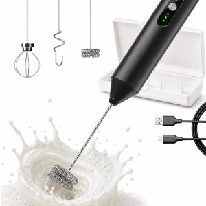 Rechargeable Electric Milk Frother Handheld, Hand Mixer Coffee Frother Wand | Portable Drink Mixer with 3 Speeds, 3 Whisk Heads, Storage Case, Electric Whisk for Matcha Lattes Cappuccino, Kitchen Gifts