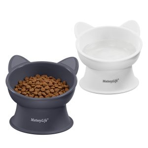 MateeyLife 2 Pack Elevated Cat Food Bowls for Indoor Cats & Kittens | Raised Food and Water Bowl Set, Whisker Friendly & Anti Vomit Feeding Pet Bowls, 6 oz Each, Dishwasher Safe - White & Grey