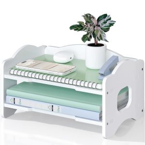 WALI Desk File Organizer, 2 Tier Stackable Desktop Paper Letter Tray Organizer with Handle, Office Desk Accessories & Workspace Organizers for Office, Home, School Supplies, 1 Pack, White