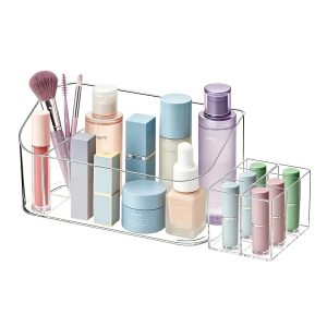 Makeup Tray Holder Organizer Cosmetic Display Case Tabletop Desktop Vanity Countertop Bathroom Wall Cabinet Medicine Storage Box 9 Dividers 2 Removable Women Ladies Girls Gifts Crystal Clear 1 PACK
