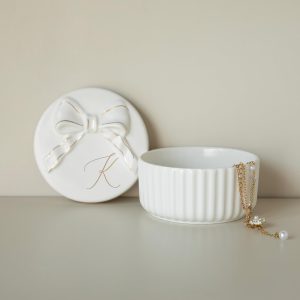 COLLECTIVE HOME Ceramic Jewelry Box with Bow, Nightstand Vanity Decor(K) | Jewelry Tray with Lid, Christmas Mother's Day Birthday Gifts for Women, Wedding, Bridal Shower, Bridesmaid Proposal Gifts