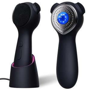 Silicone Face Scrubber Exfoliator Electric for Men Women, Rechargeable Facial Cleansing Brush with Wireless Charging Dock, Waterproof Sonic Vibrating Face Scrub Brush Cleanser for Exfoliating, Black