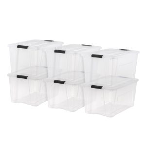 IRIS USA 6-Pack 72 Quart Storage Bins with Lids, Clear | Transparent design makes contents easy to find. Perfect for moving, blankets, clothing, and garage storage. Nestable design