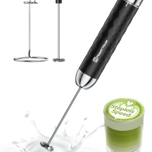 Maestri House LunaFro 2.0 Rechargeable Milk Frother, Stepless Speed Control | 1200mAh lithium battery Frother Handheld, IPX4, Stand & 2 Detachable Whisk for Lattes, Cappuccino, Matcha & Protein powder