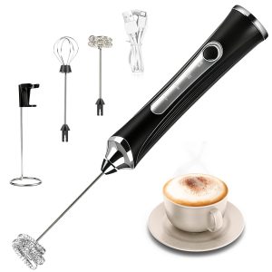 Milk Frother Handheld Rechargeable with Stand 3 Speed Frother Wand | Adjustable Foam Maker Hand Mixer with Detachable Stainless 2 Whisks Electric Coffee Frother Stirrer For Latte, Egg