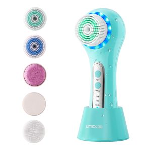 UMICKOO Electric Facial Cleansing Brush, 2-Way Rotating Face Scrubber for Daily & Deep Cleaning, 3 Modes, 5 Brush Heads, Rechargeable, IPX7 Waterproof for All Skin Types