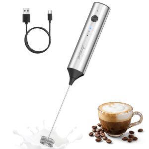 Rechargeable Milk Frother Handheld, 3 Speeds for Coffee, Latte | Electric Foam Maker with Dual Spring Whisk, Hot Chocolate, Portable Charging USB-C Stainless Steel Hand Drink Mixer