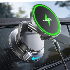 LISEN 15W MagSafe Car Mount Charger, Magnetic Wireless Car Phone Holder | [Easiest Mount] 96LBS Vacuum Suction Car Mount, 360° Magnetic Phone Holders for Your Car, for iPhone 17-12, Pixel 10, Samsung