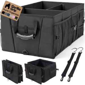 GORILLA GRIP Trunk Organizer for SUV and Cars, Large Capacity Black | Heavy Duty Car Trunk Storage Organizer, Collapsible, SUV Accessories, Slip and Water Resistant, Multi Compartment Storage
