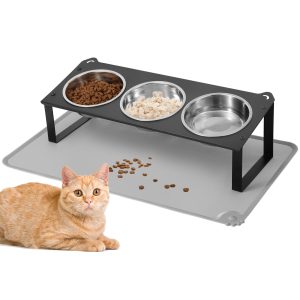 Elevated Cat Bowls with Food Mat, 10°Tilted Non-Slip Raised Cat Food Water Bowls Set, 3 Thick Stainless Steel Pets Dishes with Cute Metal Feeding Stand for Indoor Kitten Puppy, Anti-Vomiting