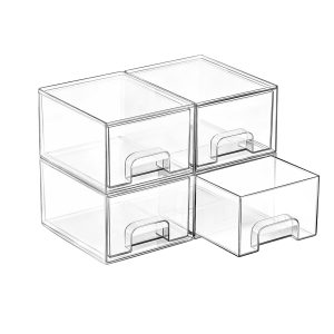 Vtopmart 4 Pack Small Clear Stackable Storage Drawers, Fits Narrow Spaces | Multi-Use Plastic Bins for Bathroom Cabinet Organizer, Makeup, Desk, Vanity, Undersink, Medicine ,Keeps Small Items Organized