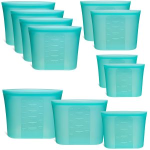 8-Pack Reusable Silicone Food Storage Bags, 100% Silicone Stand-Up Wide-Open Zip-Lock Reusable Storage Bags for Food, Freezer Microwave Oven Dishwasher Safe, Aqua, 4M 2S 2XS