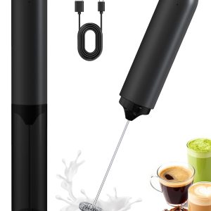 Electric Milk Frother Handheld Foam Maker, Black | TYP-C Rechargeable, with Cover - Portable Hand Frother for Coffee, Latte, Matcha, Cappuccino & Hot Chocolate