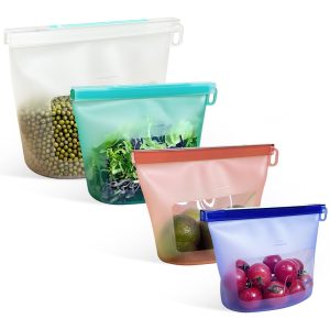 Reusable Silicone Food Storage Bags (Set of 4), Dishwasher Oven Microwave Freezer Safe, Eco-Friendly Leakproof Sous Vide Bags, Premium Lunch Containers, 1 Snack 2 Sandwich 1 Half Gallon, Mixed