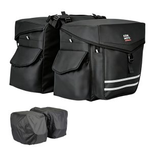 KEMIMOTO Panniers Bike Bags 40L/50L, Flip-Top with Waterproof Rain Cover | 2 Main Compartments & Water Bottle Pockets, Large Capacity Saddle Bag, Obtuse Angle, Reflective, Fits Road, Mountain, E-Bikes