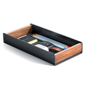 UPERGO Walnut & Aluminum Desk Drawer Organizer, Valet Tray Catchall for Men | EDC for Men, Open Top Design, Soft Felt Lining, Holds Keys Watch Pens Sticky Notes, Desk & Nightstand