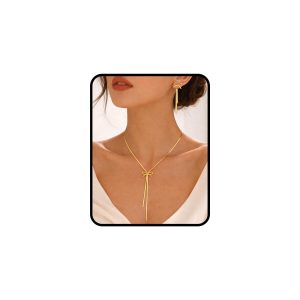 Gold Bow Jewelry Set for Women，Minimalist Bow Tassel Pendant Y Herringbone Stainless Steel Snake Chain Necklace with Long Drop Dangle Elegant Bow Earrings Fashion Jewelry Gift