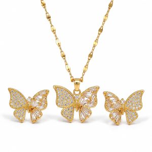 14K Gold Plated Butterfly Necklace and Earrings Set for Women | Dainty Cubic Zirconia Inlaid, Minimalist Stainless Steel Chain Choker, Elegant Trendy Jewelry Gifts