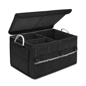 Trunk Organizer With Lid For SUV Car Trunk Foldable Oxford Storage | 3-Compartments With Aluminium Alloy Handle, Non Slip Bottom, Collapsible Bag,Car Accessories for Men Women,60L