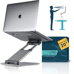 Lifelong Aluminum Adjustable Laptop Stand, Extra Tall 20" Riser, Grey | Ergonomic Portable Foldable Computer Stand, Fits 10-17” Laptops for Office Meetings, Teamwork & Desk Setup