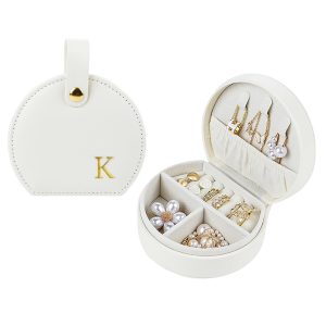 Travel Jewelry Case,Personalized Jewelry Box,Elegant Half-Moon Design with Personalized Golden Initial Case,Personalized Gifts for Women,Jewelry organizer;Personalized Gifts for Women or Friends(K)