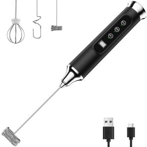 YUSWKO Milk Frother Wand for Coffee, Coffee Frother Handheld Drink Mixer | Rechargeable Mixer Wand, Waterproof Electric Whisk for Protein Powder, Lattes, Cappuccino, 3 Variable Speeds 3 Whisks, Black