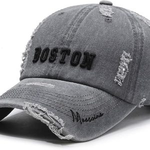 Unisex Distressed Boston Hat Vintage Washed Cotton Baseball Cap Adjustable Low Profile Dad Hat
