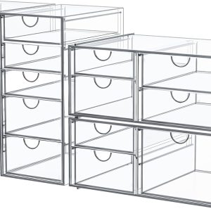 caktraie 4-Pack Acrylic 16-Drawer Storage & Makeup Organizer for Desk | Smooth-glide drawers, clear acrylic, stackable, dustproof, wipe clean, for office supplies, pens, jewelry, makeup