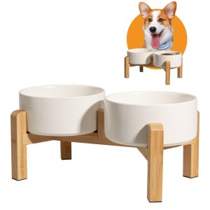 Elevated Ceramic Dog Bowl, 3.6 Cups Dog Food and Water Bowl Set with Stand | 6.1'' Double Dog Feeding Dishes, Non-Slip Raised Dog Feeder for Small and Medium Breeds, 28.74 OZ / 850 ML, White