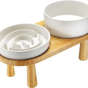 Ceramic Slow Feeder and Water Bowl Set for Medium and Large Dogs, 8.0 Inches Ceramic Dog Bowls Elevated with Wooden Stand, 2.0 Cups Dog Slow Feeder(30oz) and 70oz Water Bowl Set, White