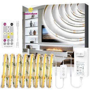 EMITEVER COB Strip Light Kit Cool White 5000K,32.8ft 3200LEDs,24V Dimmable | UL 60W power supply and RF remote control,450+Lumens/m,Ra 90+,easy install for bedroom,kitchen,cabinet lighting,hallway